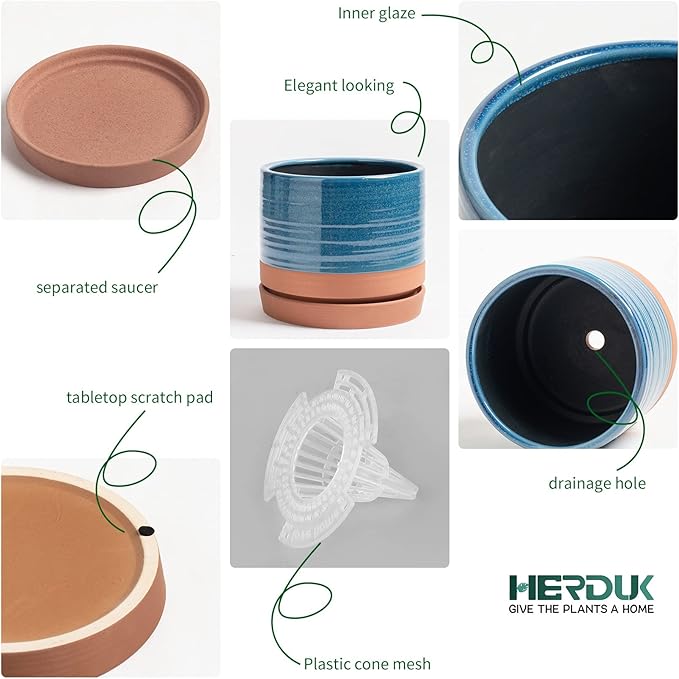 6 + 8 Inch Plant Pots, Ceramic Planter Pot with Drainage Hole & Saucer, Indoor/Outdoor Cylinder Round Planter Pot, Aqua Blue & Terracotta-CasaMuseHome
