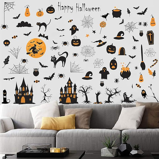 84 PCS Window Clings - Halloween Wall Stickers for Living Room, Pumpkins, Castles, Bats, Cats, Vampire, Witch Stickers, Household Decorative Murals, Party Supplies-CasaMuseHome