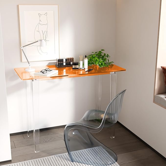 Acrylic Desk, Modern Study Table for Home Office - Extended Surface Multi-Purpose Console & Entryway Table, Sturdy Lightweight Design (42.5-inch, Orange)-CasaMuseHome