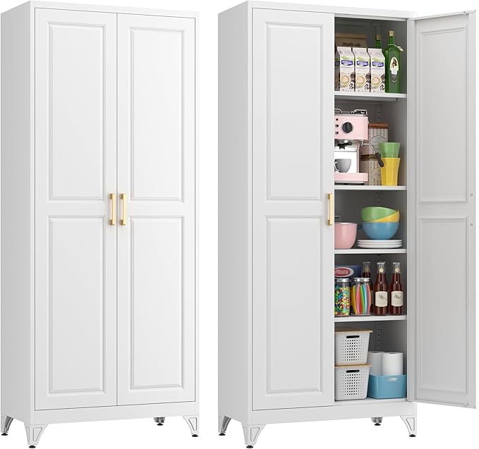 75" Kitchen Pantry Cabinet, White Metal Storage Cabinets with 2 Doors and 4 Adjustable Shelves, Tall Pantry Storage Cabinet for Kitchen, Dining Room, Living Room-CasaMuseHome
