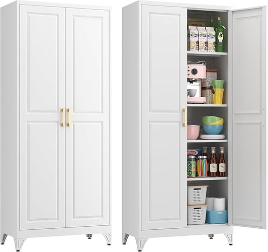 75" Kitchen Pantry Cabinet, White Metal Storage Cabinets with 2 Doors and 4 Adjustable Shelves, Tall Pantry Storage Cabinet for Kitchen, Dining Room, Living Room-CasaMuseHome
