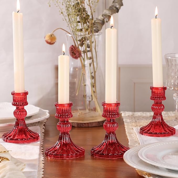 12PCS Red Candlestick Holders Set- 4" H Taper Candle Holders, Glass Candle Holders Bulk for Activities, Party, Home Table Centerpieces, Festival Gifts & Windowsill Decor-CasaMuseHome