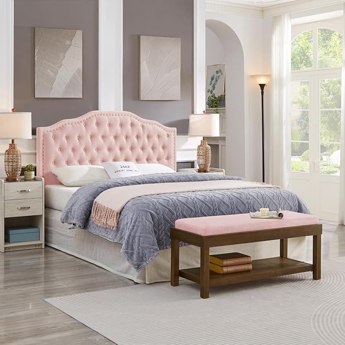 24KF Upholstered Button Tufted Queen Headboard with Nailhead Trim, Elegant Boucle Fabric Full headboard, 6031-Q-Boucle-Pink-CasaMuseHome