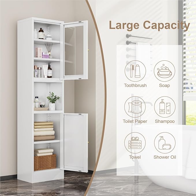 67" Tall Bathroom Storage Cabinet, Narrow Metal Floor Cabinet with Glass Door and Adjustable Shelves, Freestanding Metal Locker for Laundry, Kitchen, Dining Room-CasaMuseHome
