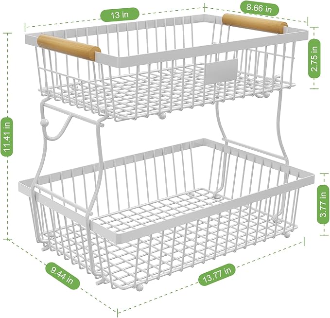 2 Tier Fruit Basket for Kitchen Counter with 2 Banana Hangers, Countertop Metal Fruit Bowl with Wooden Handle, Large Storage Stand for Vegetables, Snacks, Breads, Produce Storage – White-CasaMuseHome