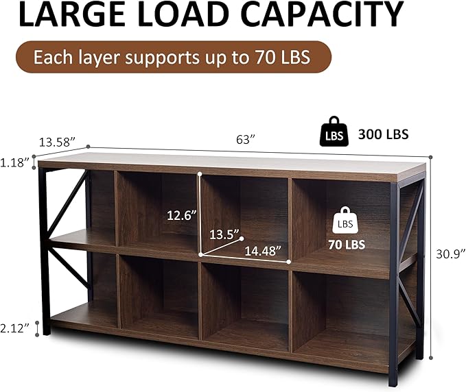 8 Cube Storage Organizer Bookshelf, Industrial Horizontal Bookcase, Accent Cubby Shelf, Media Console Table for Living Room, Home Office, 63 Inches, Brown Walnut-CasaMuseHome