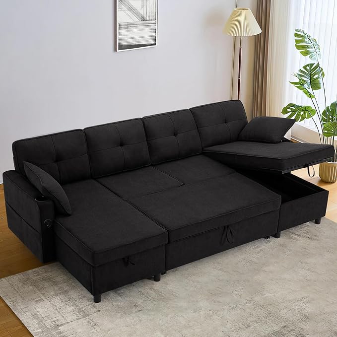 110 Inches Chenille Sectional Sofa w/Pull Out Sofa Bed & Adjustable Back, Tufted U Shaped Couch w/Two Storage Chaises, Sleeper Sectional Sofa w/USB Port & Cup Holders for Living Room, Black-CasaMuseHome