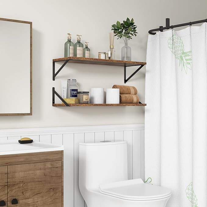 10 Inch Deep Floating Shelves, Floating Shelves 30 Inch Long, Rustic Wood Wall Shelves 30"W x 10"D, Deep Floating Shelf with Bracket, Wide Storage Shelves for Living Room, Bathroom, Rustic Brown-CasaMuseHome