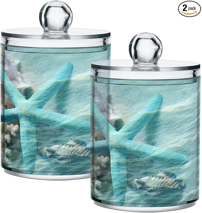 2 Pack Qtip Holder Organizer Dispenser Seashell Starfish Summer Beach Bathroom Storage Canister Cotton Ball Holder Container for Cotton Swabs/Pads/Floss-CasaMuseHome
