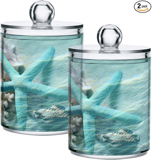 2 Pack Qtip Holder Organizer Dispenser Seashell Starfish Summer Beach Bathroom Storage Canister Cotton Ball Holder Container for Cotton Swabs/Pads/Floss-CasaMuseHome