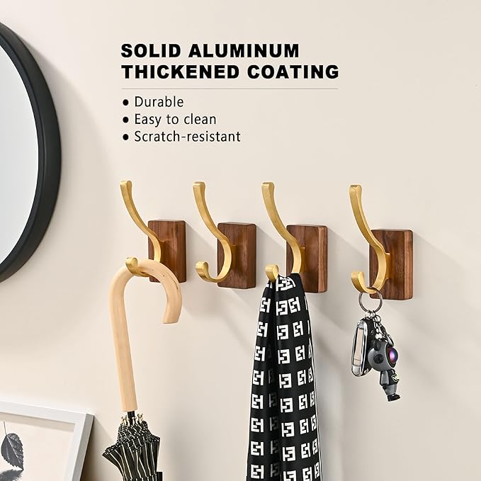 4 Pack Wooden Wall Hooks for Hanging, Adhesive Mounted & Wall Mount Nature Wood Coat Hook for Towel Clothes Blanket Hat Backpack Robe Nursery Door Board Entryway Key Holder Brushed Gold-CasaMuseHome