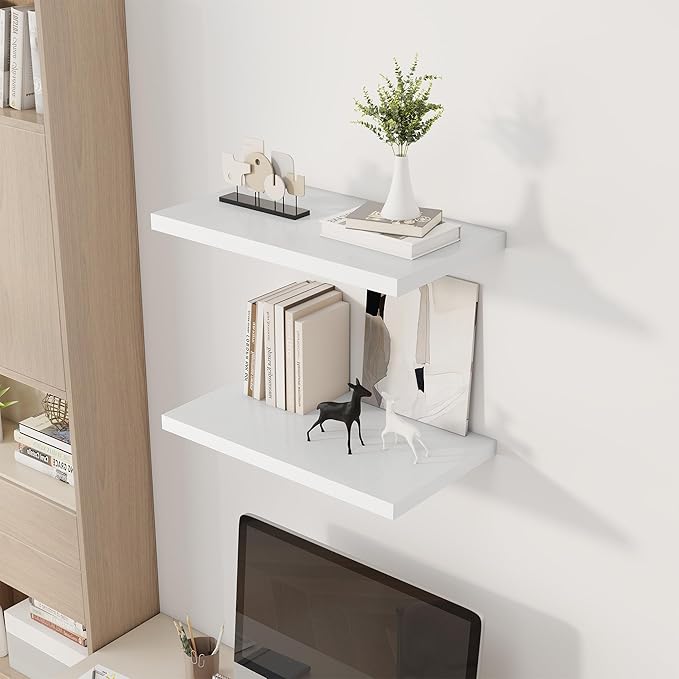 24" Floating Shelves for Wall, 12" Deep Slim White Floating Shelves, Wall-Mounted Shelves for Bedroom, Living Room, Kitchen, Bathroom - Set of 2-CasaMuseHome