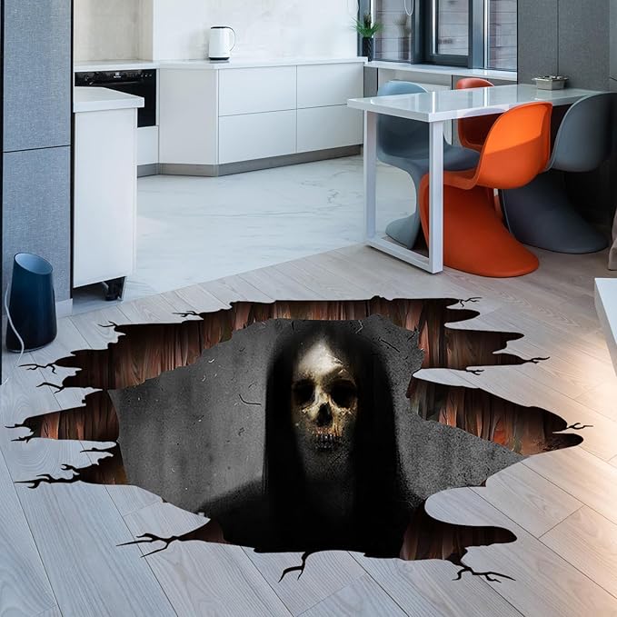 3D Halloween Wall Decals Scary Skeleton Halloween Wall Stickers, Spooky Long Hair Zombie Floor Decor Posters Decals Decorations for Living Room Bedroom Party Supplies-CasaMuseHome