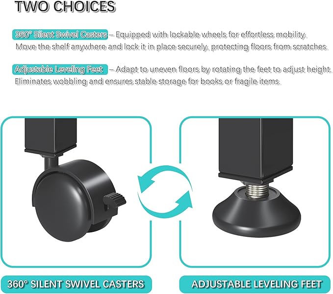 4NM 2 Tiers No-Assembly Folding Bookshelf with Wheels, Portable Rolling Storage Bookcase & Compact Side Table for Living Room, Bedroom, Kitchen, Bathroom (Rustic Brown and Black)-CasaMuseHome