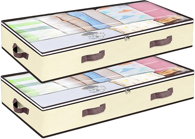 90L Under Bed Storage Containers, Underbed Toy Organizers and Clothing Storage Bags, Closet Storage Bins with Clear Window for Organizing Blanket Comforter Bedding Clothes Bedroom Dorm, 2 Pack Beige-CasaMuseHome