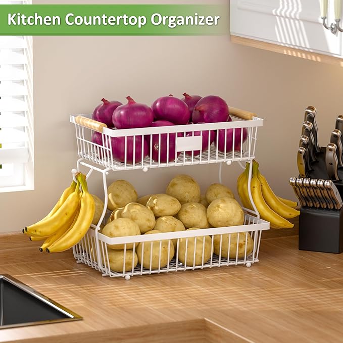 2 Tier Fruit Basket for Kitchen Counter with 2 Banana Hangers, Countertop Metal Fruit Bowl with Wooden Handle, Large Storage Stand for Vegetables, Snacks, Breads, Produce Storage – White-CasaMuseHome