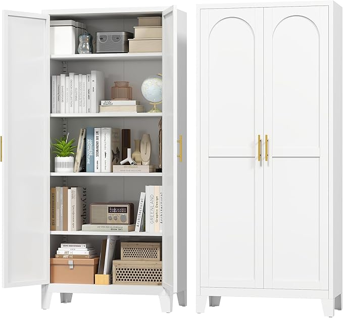 70.87" H Metal Kitchen Pantry Cabinet, Freestanding Cupboard with 2 Doors and 4 Adjustable Shelves, Tall Metal Storage Cabinet for Kitchen, Bathroom, Dinning Room or Laundry Room （White）-CasaMuseHome