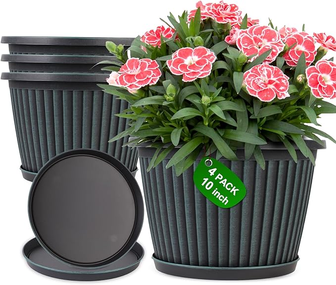 10 Inch Planter-Pots-for-Plants-Indoor-Outdoor, 4 Pack Plastic Flower Pots with Saucer & Drainage Holes, Modern Decorative Resin Garden Pots-CasaMuseHome