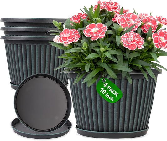 10 Inch Planter-Pots-for-Plants-Indoor-Outdoor, 4 Pack Plastic Flower Pots with Saucer & Drainage Holes, Modern Decorative Resin Garden Pots-CasaMuseHome