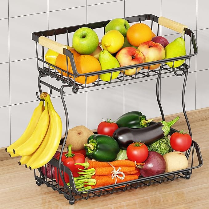 2 Tier Fruit Basket with 2 Banana Hangers, Detachable Countertop Fruit Bowls for Kitchen Counter, Metal Wire Fruit Vegetable Storage Holder Stand with Wooden Handles for Bread, Snacks, Veggies-CasaMuseHome