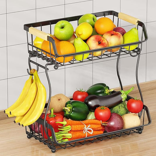 2 Tier Fruit Basket with 2 Banana Hangers, Detachable Countertop Fruit Bowls for Kitchen Counter, Metal Wire Fruit Vegetable Storage Holder Stand with Wooden Handles for Bread, Snacks, Veggies-CasaMuseHome