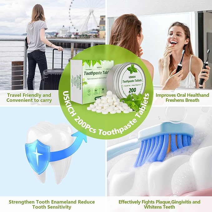 200 Pcs Toothpaste Tablets - Nano Hydroxyapatite Natural Whitening, Reduce Sensitivity,Fluoride & Plastic Free, Eco Friendly & Travel Mouthwash Tablets-CasaMuseHome