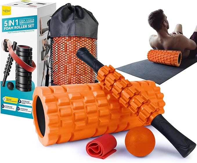 5 in 1 Foam Roller Set for Deep Tissue Muscle Massage, Trigger Point Fitness Exercise Foam Roller, Massage Roller, Massage Ball, Stretching Strap, for Whole Body (Orange Black)-CasaMuseHome