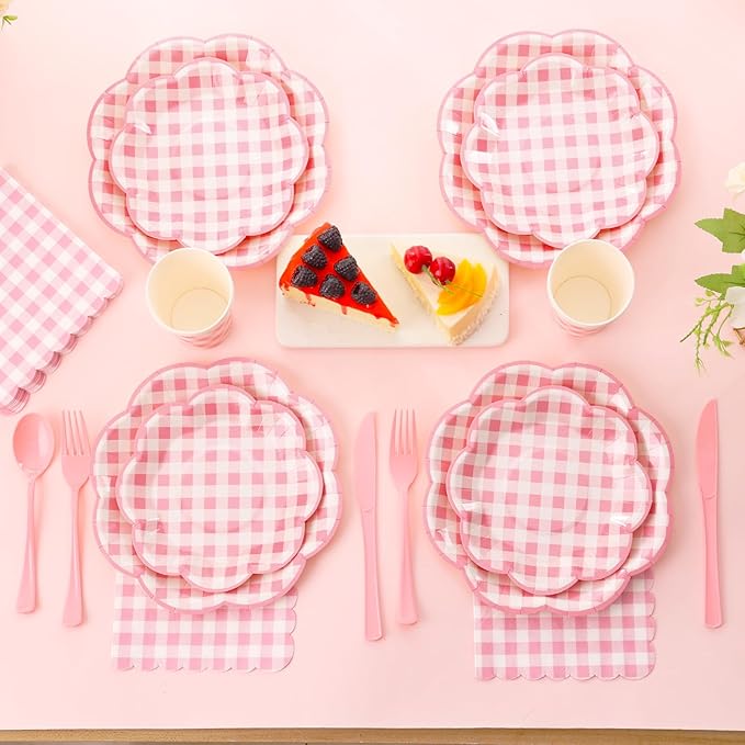 175 Pcs Pink Gingham Plates and Napkins Party Supplies - Pink and White Checkered Plates Sets Serve 25 Guests - Scalloped Gingham Paper Plate for Birthday Wedding Picnic Party Decorations-CasaMuseHome