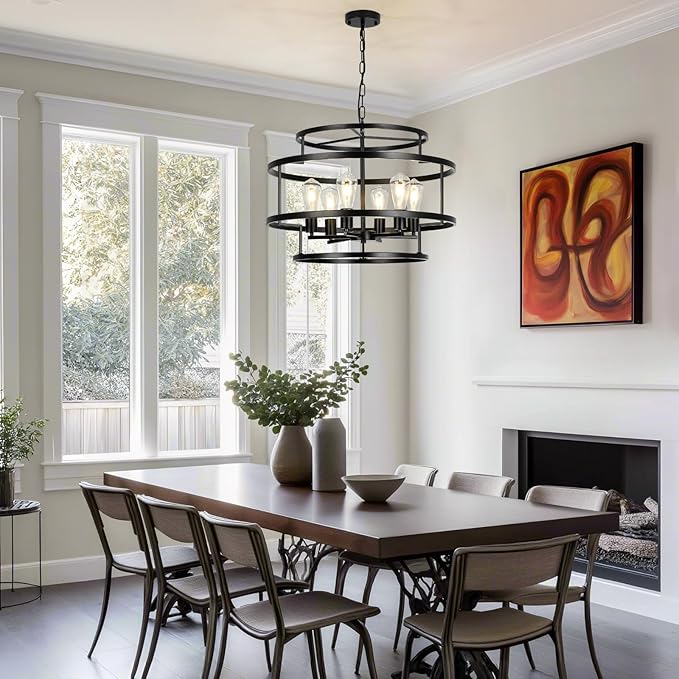 24" Black Chandelier, 6-Light Farmhouse Pendant Light Fixture with Geometric Metal Frame, Modern Industrial Ceiling Hanging Light for Dining Room, Living Room, Bedroom, Kitchen Island, Hallway, Foyer-CasaMuseHome