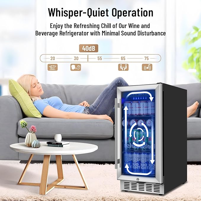 15 Inch Beverage Refrigerator, 130 Can Capacity Under Counter Fridge with Lock & Glass Door, Quiet Built-in or Freestanding Beer Cooler, Powerful Compressor for Fast Cooling-CasaMuseHome