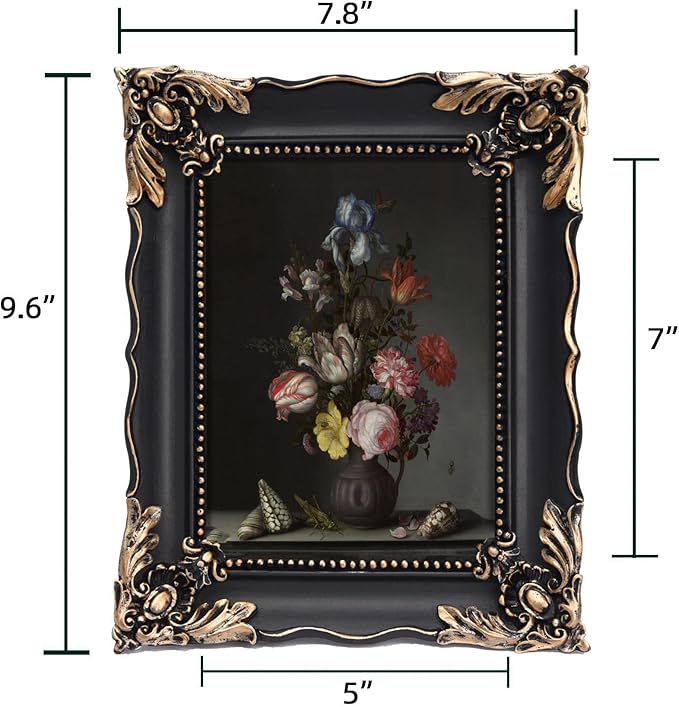 5x7 Vintage Picture Frame with Embossed Flower Design, Black Ornate Frame for 5x7 Pictures, Hand-Crafted Resin Antique Frames for Tabletop & Wall Hanging, Home Decor (Black)-CasaMuseHome