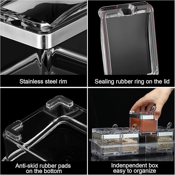 2 Set Acrylic Seasoning Organizer Box 8 Pcs Clear Seasoning Rack Spice Pots Condiments Containers with Lids and Spoons Storage Container Spice Jar for Salt Sugar Cruet Kitchen Cooking Organizer-CasaMuseHome