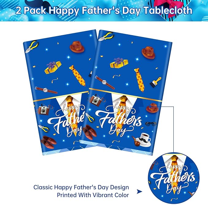 2 Pack Fathers Day Tablecloth - Happy Father's Day Table Cloth, Plastic Disposable Rectangle Blue Father Day Table Cover for Fathers Day Decorations Party Decor Supplies Favors,108 x 54 Inch-CasaMuseHome