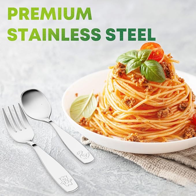 8 Pieces Toddler Utensils, Kids Stainless Steel Silverware Set - 4pcs Forks and 4pcs Spoon, Cute Children Flatware Sets with Mirror Polished, Self Feeding Safe, Dishwasher Safe-CasaMuseHome