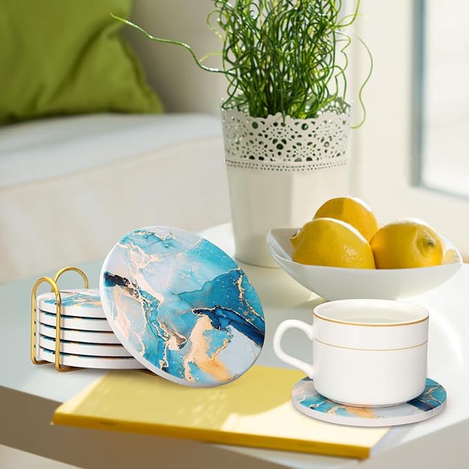 6 Pcs Light Blue Marble Abstract Ceramic Coasters with Holder Best Round Drink Absorbent Coasters for Desk, Lounge, Coffee, Wine, Beverage, Dining Table Decor, Bar Coaster Set-CasaMuseHome