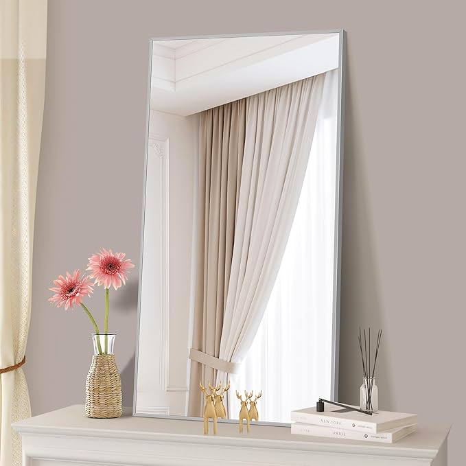 48x24In Silver Bathroom Mirror for Wall, Brushed Nickel Rectangle Mirrors with Metal Frame, Bathroom Rectangular Mirror Modern Wall Mirror for Bedroom Living Room, Hangs Horizontal or Vertical-CasaMuseHome