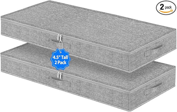 2 Pack Low Profile Under Bed Storage Containers 4.5 Inch Height, Shallow Underbed Couch Storage Organizer With Sturdy Sidewalls/Bottom, Thin Underbed Storage Bins For Clothes Dorm Dresser Sofa- Grey-CasaMuseHome