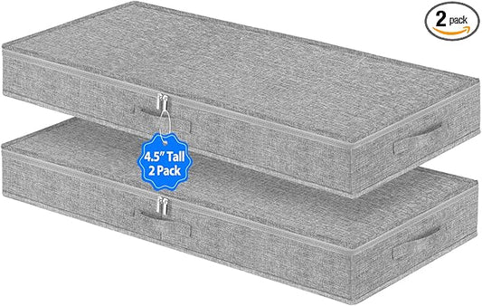 2 Pack Low Profile Under Bed Storage Containers 4.5 Inch Height, Shallow Underbed Couch Storage Organizer With Sturdy Sidewalls/Bottom, Thin Underbed Storage Bins For Clothes Dorm Dresser Sofa- Grey-CasaMuseHome
