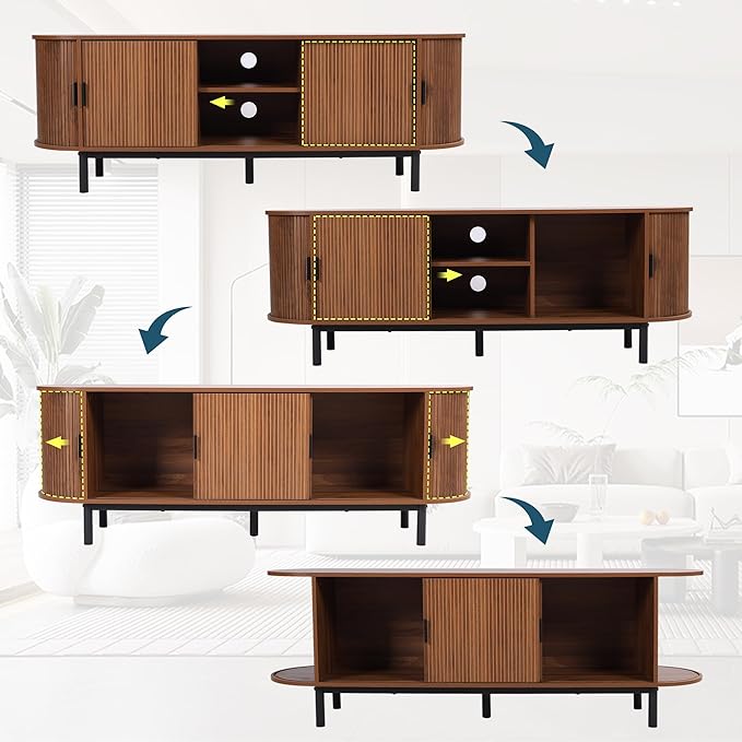 62" Tambour Door TV Stand,Wood Mid Century Modern TV Cabinet for Up to 70“ TV,Curved Edge Long TV Stand with Storage for Bedroom Living Room(Walnut, 62.2inch)-CasaMuseHome
