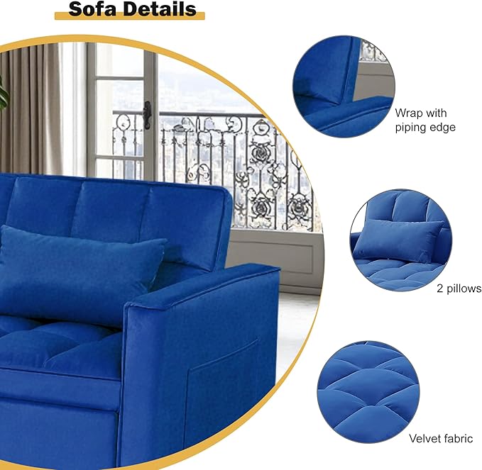 3 in 1 Sleeper Sofa Bed, Futon Sofa Bed for Living Room with Side Pocket, Blue Sleepers Sofas Couch with Pullout Beds, Convertible Love Seat Sleepers couch for Living Room, Bedroom, Small Space-CasaMuseHome