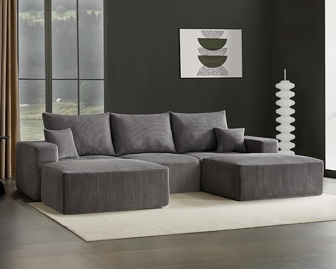 40" Square Stuffed Ottoman Pouf for Sofa Couch, Corduroy Poufs with Foam Chunk Filling, Furry & Fluffy Foot Stool Movable Ottoman. 40 * 31 Floor Poufs Foot Rest for Living Room, Grey-CasaMuseHome