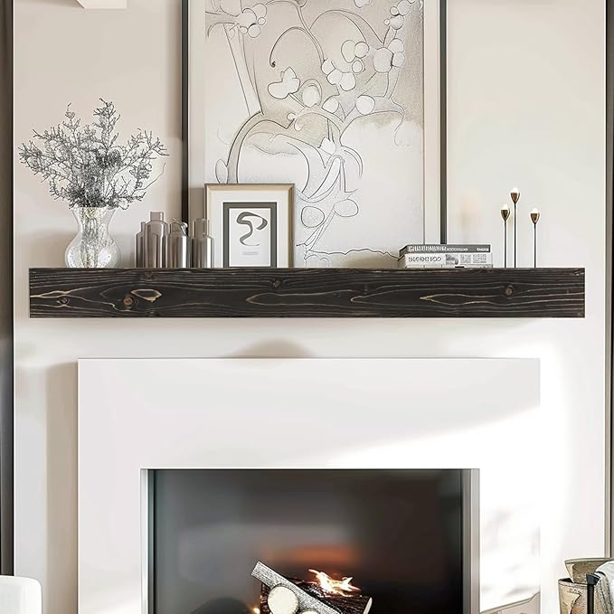 60x8x3 Fireplace Mantel - Handcrafted Hollow Rustic Solid Wood Wall Mounted Floating Shelf with Invisible Heavy Duty Wood Bracket (Weathered Black)-CasaMuseHome