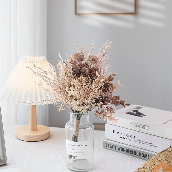 2 Pack Boho Artificial Flowers Plants Bouquet Decoration 13.8inch, Fake Plastic Brown Eucalyptus and Beige Grasses, Faux Floral Arrangement for Wedding Centerpieces Party Home Fall Decor-CasaMuseHome