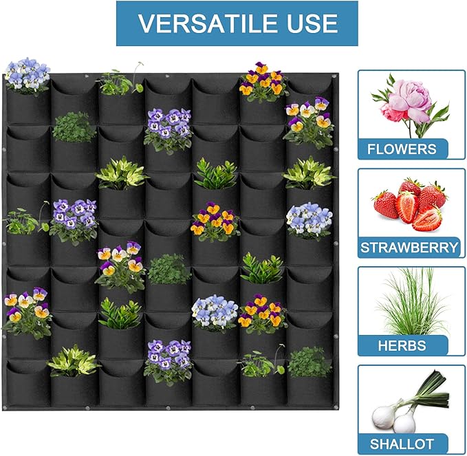 49 Pockets Hanging Planter Bags, Hanging Vertical Wall Mounted Plant Planting Grow Bags, Herb Garden Planter Outdoor Indoor Growing Bag, Gardening Vertical Greening Flower Container(1m×1m, Black)-CasaMuseHome