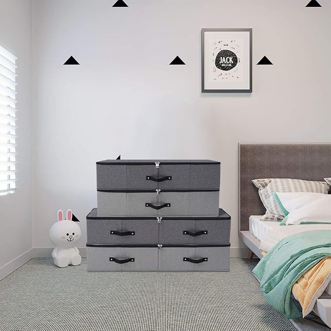 2PCS Foldable Blankets Clothes Comforters Storage Bin Organizer with Plastic Support Liner for Blankets, Towels, Comforter, Sweaters, Linen Sheets, Wrapping Paper, Black Grey-CasaMuseHome