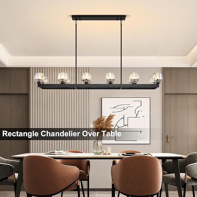 59 Inch Black Rectangle Wagon Wheel Chandeliers, Black Chandelier for Dining Room Over Table, Modern Crystal Long Chandelier, Farmhouse Large Linear Chandeliers for Kitchen Island-CasaMuseHome