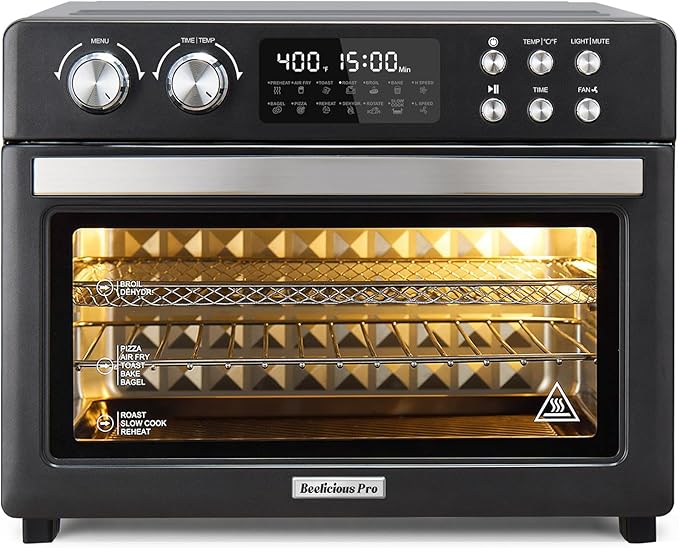 28QT Air Fryer Toaster Oven Combo, Large 12-in-1 Convection Countertop Oven with Next-Gen HeatWave Convection, 3-Layer Cooking, Rotisserie for Chicken, Fits 11" Pizza, Full Accessories, Sparkle Black-CasaMuseHome