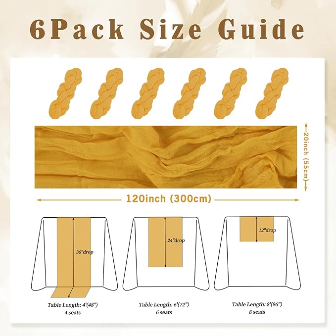 6 Pack Mustard 10FT Cheesecloth Table Runner Rustic Gauze Fabric Cheese Cloth Table Runner for Wedding Bridal Baby Shower Table Decor Boho Sheer Birthday Party Table Decorations 20 x 120 Inch Long-CasaMuseHome