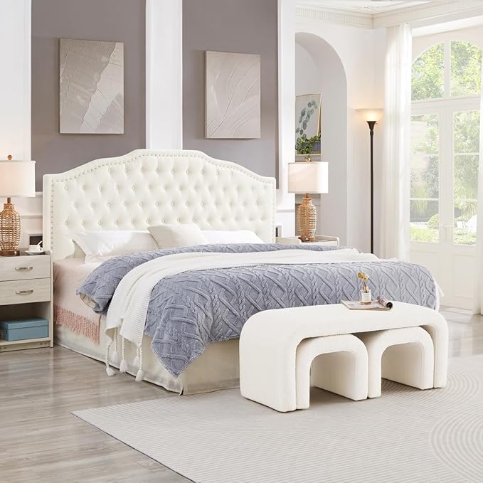 24KF Upholstered Button Tufted King Size Headboard with Nailhead Trim, Elegant Boucle Fabric California King headboard, 6031-K-Boucle-Ivory-CasaMuseHome