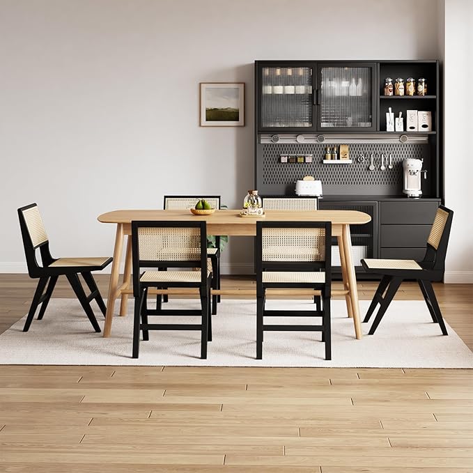 Accent Chair Dining Chairs Set of 2, Solid Wood Frame Boho Rattan Chair, Mid Century Modern Accent Chairs for Living Room Bedroom Dining Room Kitchen(Black)-CasaMuseHome